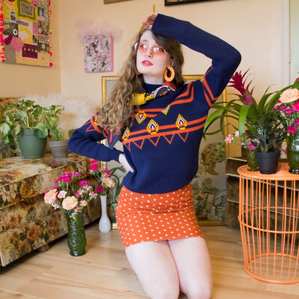 Vintage Blue 70s Geometric Print Sweater